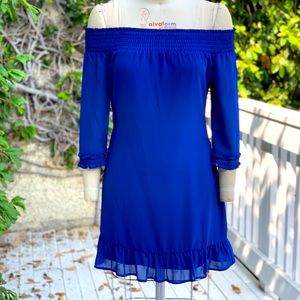 BEBE OFF SHOULDER WOVEN DRESS